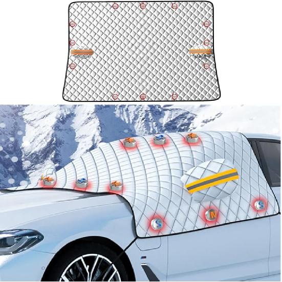 Car Windshield Snow Ice Cover with Side Mirror and Elastic Hook, 9 Magnetic Automotive Windshield Snow Frost Cover, Foldable Car Windshield Sun Shade