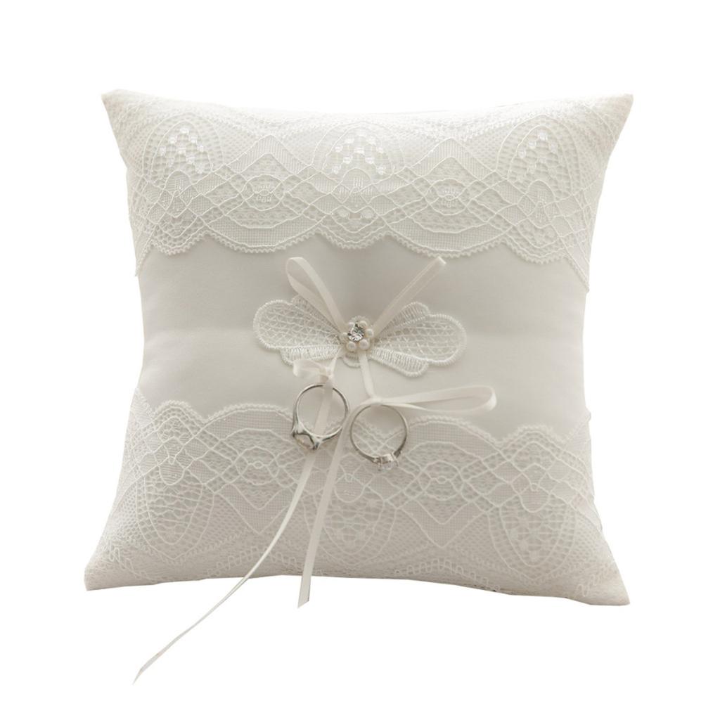 Wedding Ring Pillow for Wedding Decoration Exquisite Lace Pearl Ring Pillow Decor Satin Bridal Cushion with Ribbons
