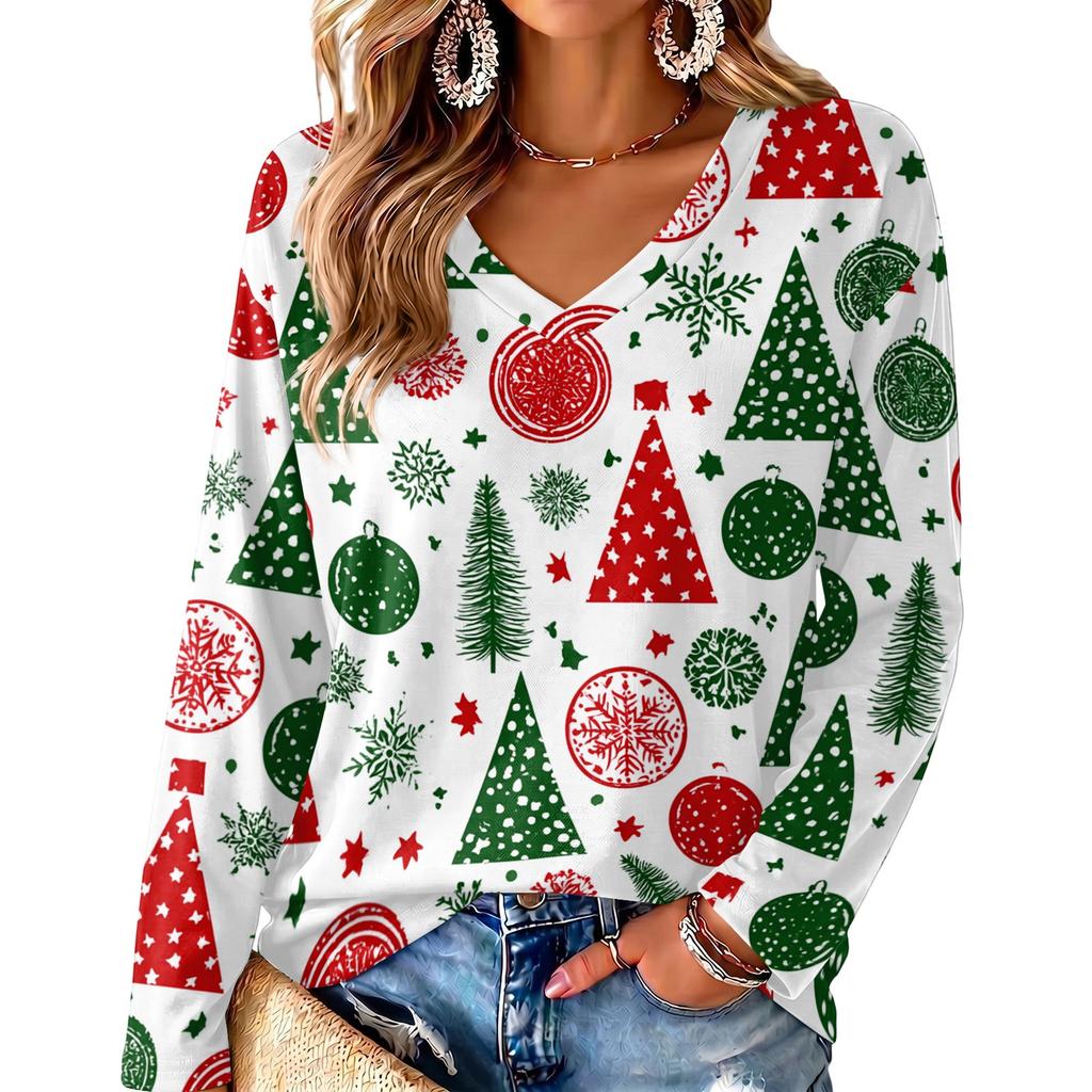 Women's V-Neck Long Sleeve Christmas Print Lightweight Blouse for Spring Summer