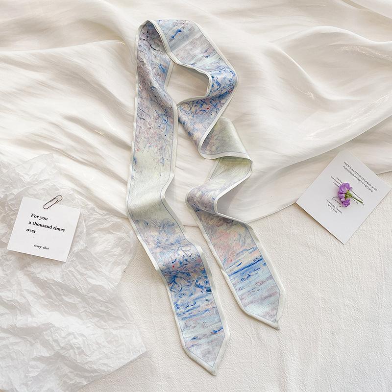 Japanese simple literary oil painting double-layer satin small scarf neck protector long silk scarf female streamer tied bag tied hair student 130*7cm