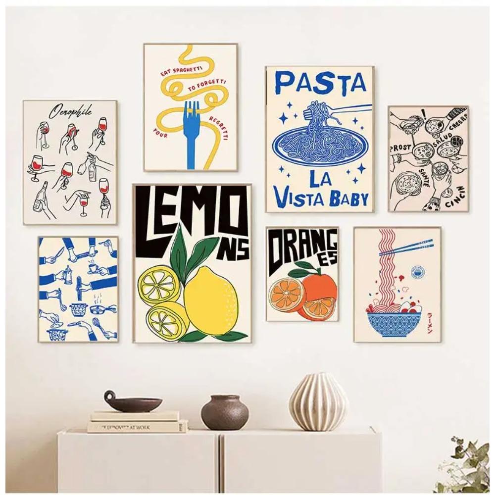 Japanese Ramen Pasta Oranges Lemon Wine Cheers Poster  Canvas Painting Print Wall Art Picture for Living Room Kitchen Home Decor