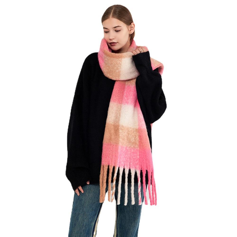 AC new winter warm plaid fringed scarf women's imitation cashmere wool warm long scarf shawl Han Fan