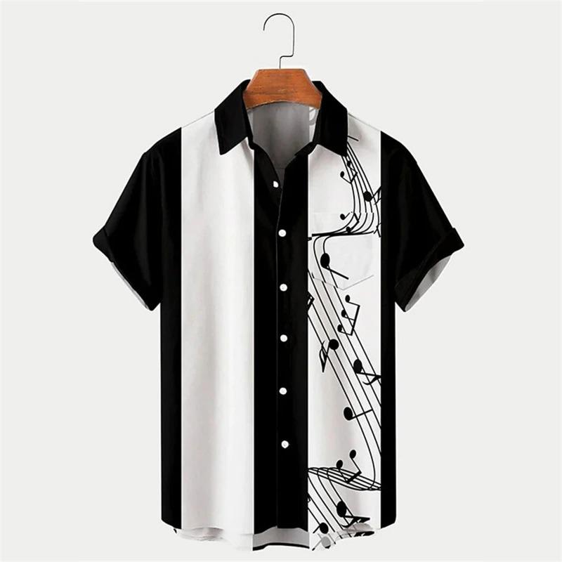 New Men's Shirt Summer Bowling Shirt Note Pattern Printed Daily Short Sleeve Button Comfortable Casual Men's Clothing