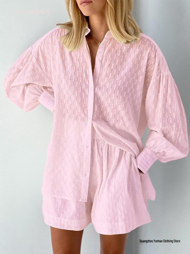 2026 Autumn Women's European-American Style Jacquard Puff Sleeve Shirt and Shorts Casual Set