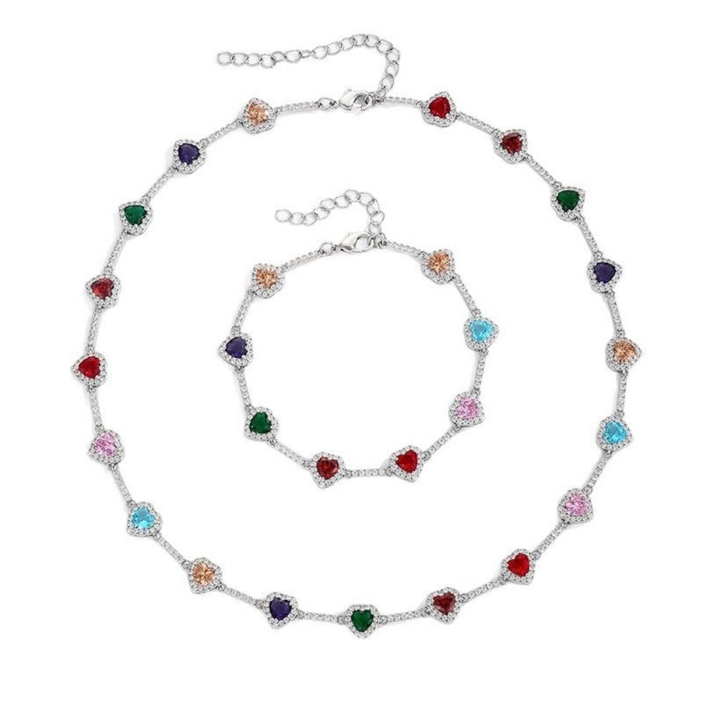 INS Hot Selling heart shape Copper Bracelet Necklace colorful zircon Jewelry For Women Free Shipping For Daily Wear