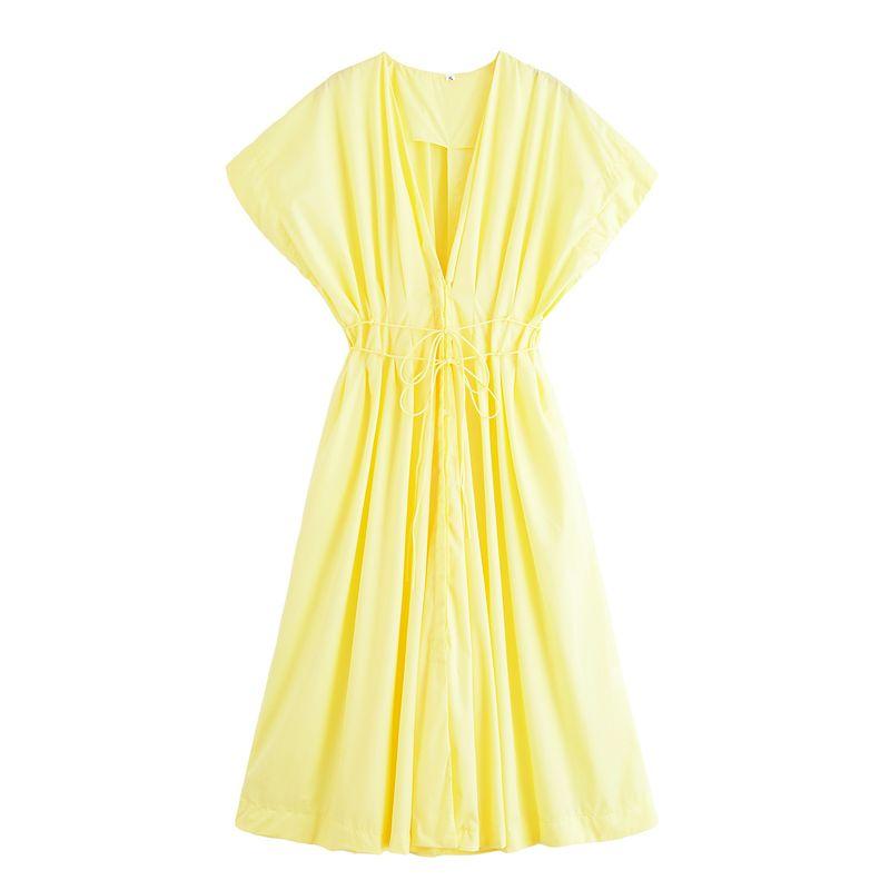 Kaslead New Arrival Women's Clothing Fashion Style Fashion Pleated Draped Shoulder Short Sleeve Midi Skirt Dress 2965260