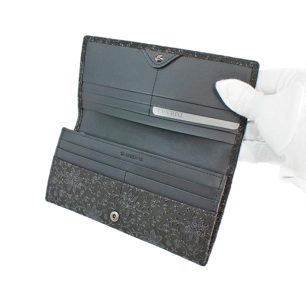 Dlouhá peněženka Inden Balíček Q s peněženkou na mince Deerskin Black x Black Lacquer Clematis Pattern [Indenya] 2308-01-169