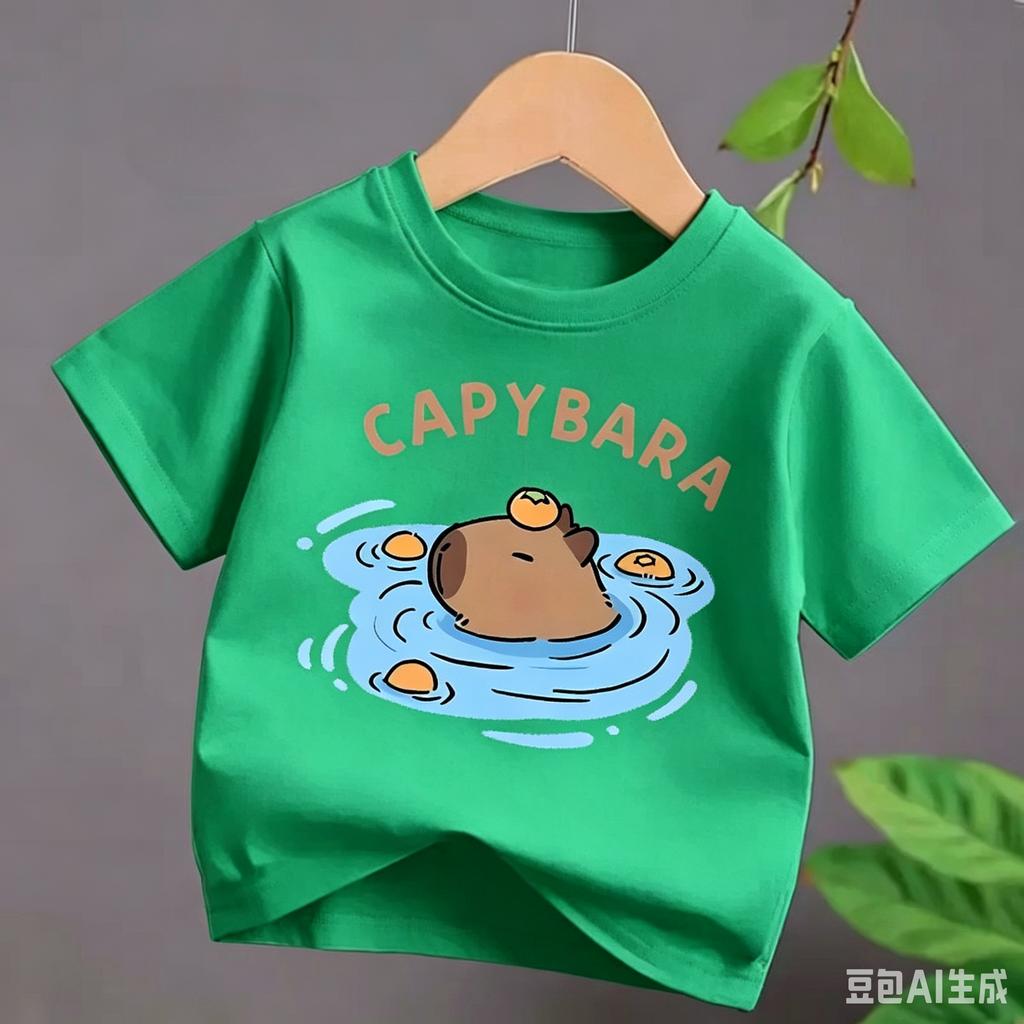 4 To14Y Girls Casual Capybara Print Short Sleeve T-Shirt 2026 New Cute Spring Summer Y2k Children's Crew Neck Tee Tops