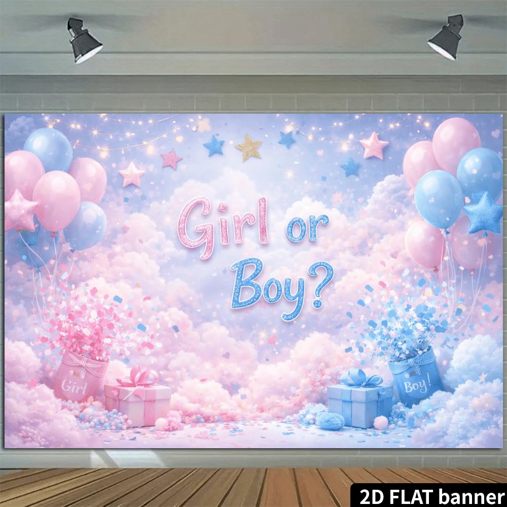 2D flat party banner background with soft cloud and balloon patterns, featuring the bold "Girl or Boy?" text at the center