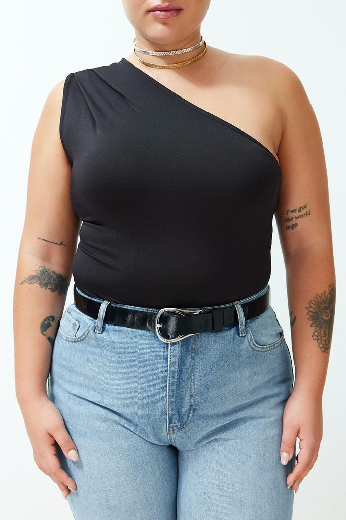 Women's Style Plus Size Cinnamon Asymmetric Collar Knitted Body with Snaps at the Bottom