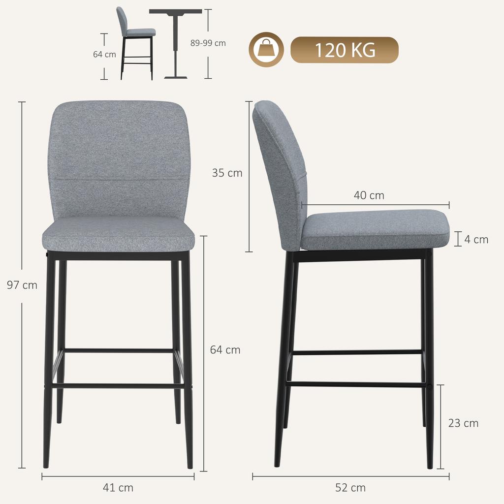 Modern Tall Chairs, Set of 2 Velvet Bar Stools with Footrest and Backrest, Kitchen & Living Room Stools, Grey
