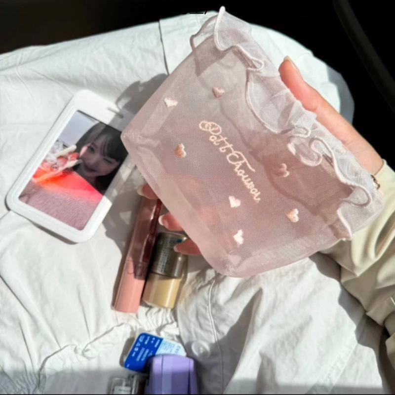 

Korean Style Heart Embroidery Mesh Makeup & Tissue Bag