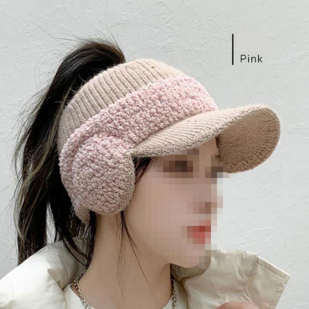 

Зимние вязаные шапки H для женщин с ушками и открытым верхом для волос розовый