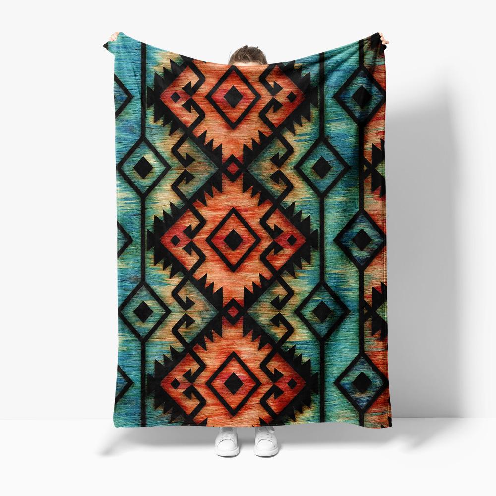Tribal Geometric Pattern Blanket Aztec Native American Blanket Red Blue Geometric Throw Blanket for Sofa Bed Couch Decoration 75x90cm