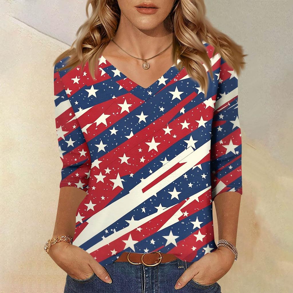 Damen Tops Dreiviertelärmel Shirt V-Ausschnitt Lockeres Freizeithemd Blumendruck T-Shirt