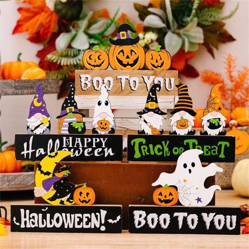 2Pcs Creative Halloween Gnomes Pumpkin Witch Figurines Wooden Block Table Sign For Festives Home Shelf Tiered Tray Decors