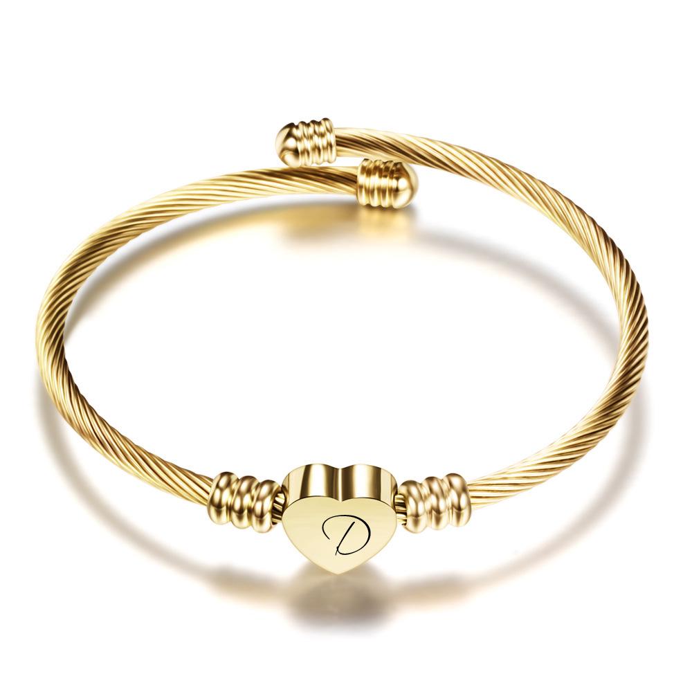 Stylish Women's Bracelet: Stainless Steel Peach Heart with Braided Cable and European-American 26 Letters Design