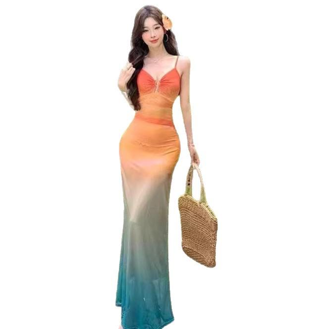 Holiday Vacation Wind Dopamine Beautiful Island Vacation Atmosphere Gradual Change Color Sunset Tie Dye Mesh Suspender Dress