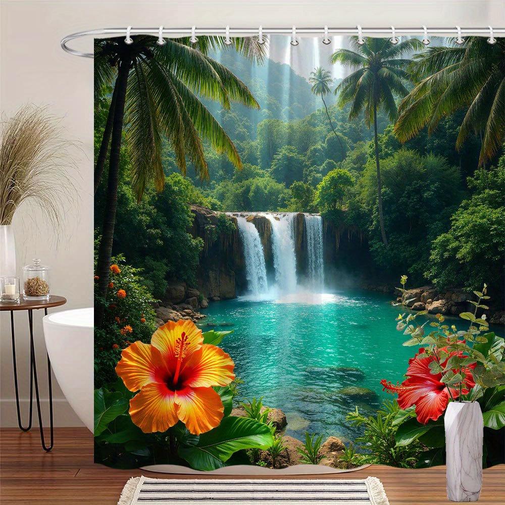 

Tropical Waterfall Shower Curtain Palm Trees Hibiscus Flowers Jungle Scene Nature Decor Waterproof Fabric Bath Curtain Set Home 90x180CM