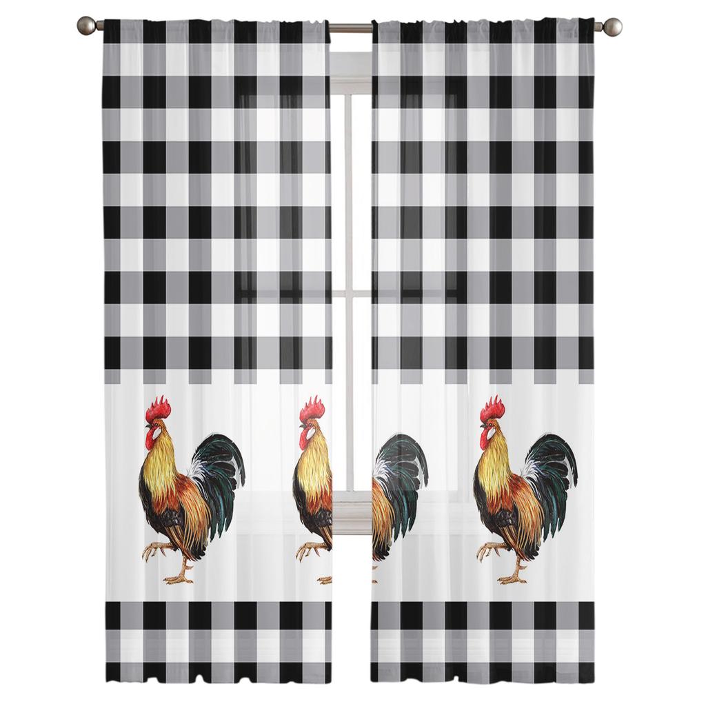 Farm Rooster Black And White Plaid Sheer Curtains For Living Room Bedroom Home Decor Kitchen Tulle For Windows Voile Drapes
