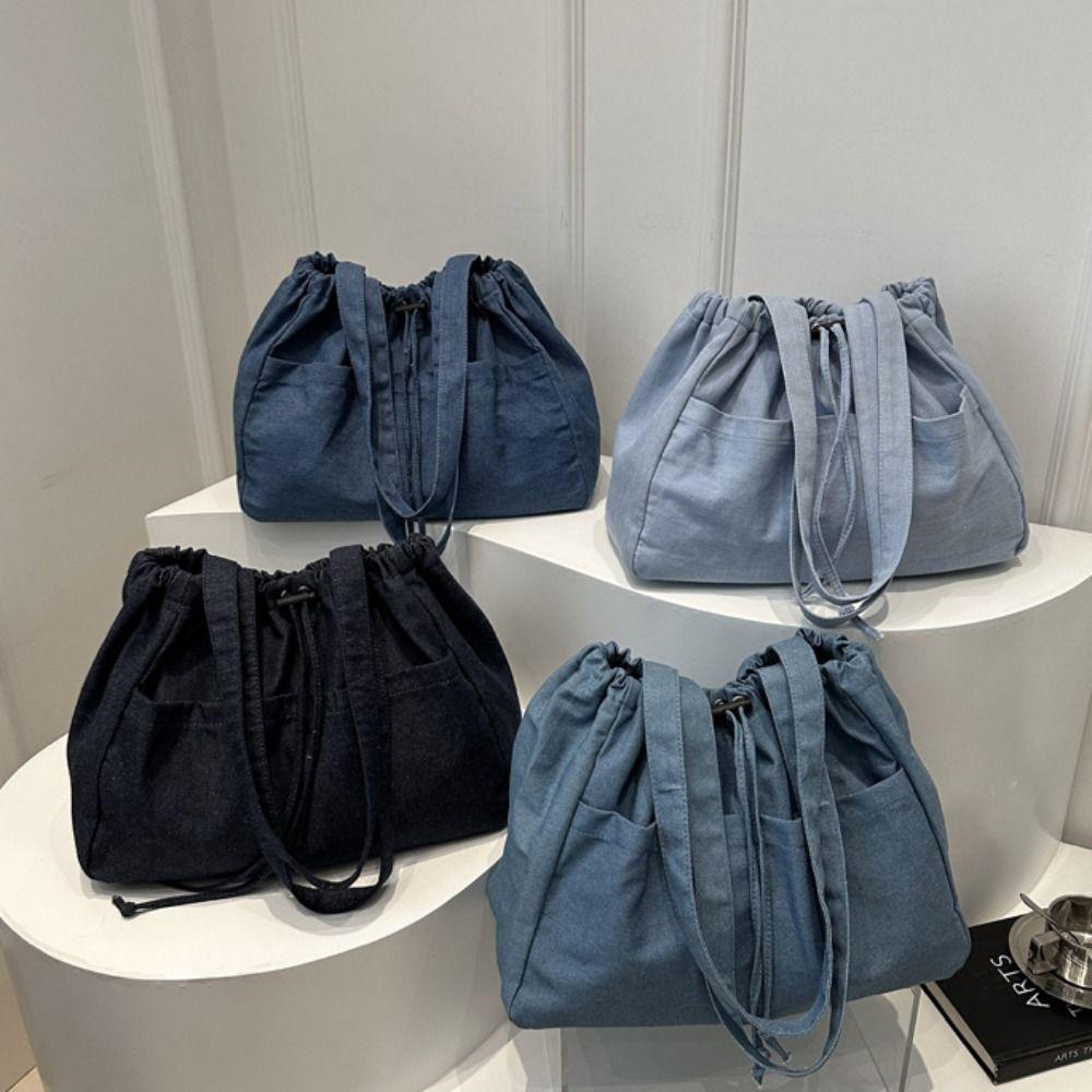 Casual Denim Tote Bag Large Capacity Canvas Bucket Bag Oxford Drawstring Shoulder Bag  Travel