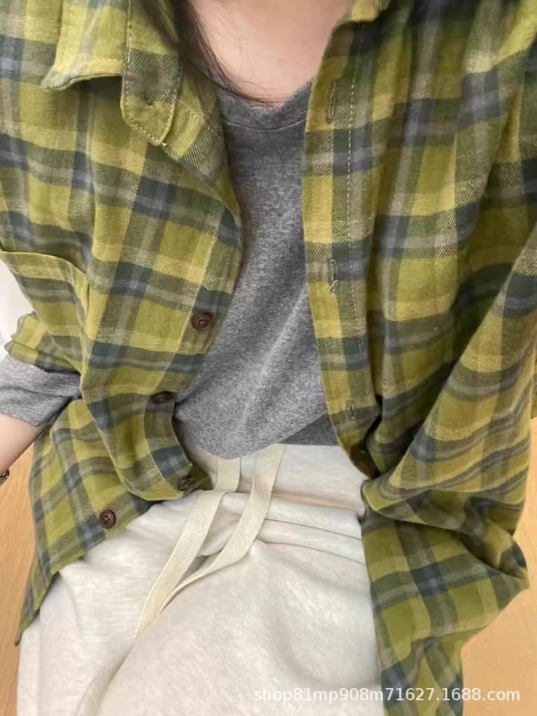 Women's American Retro Green Plaid Loose Long Sleeve Shirt - 2025 Autumn/Winter Collection