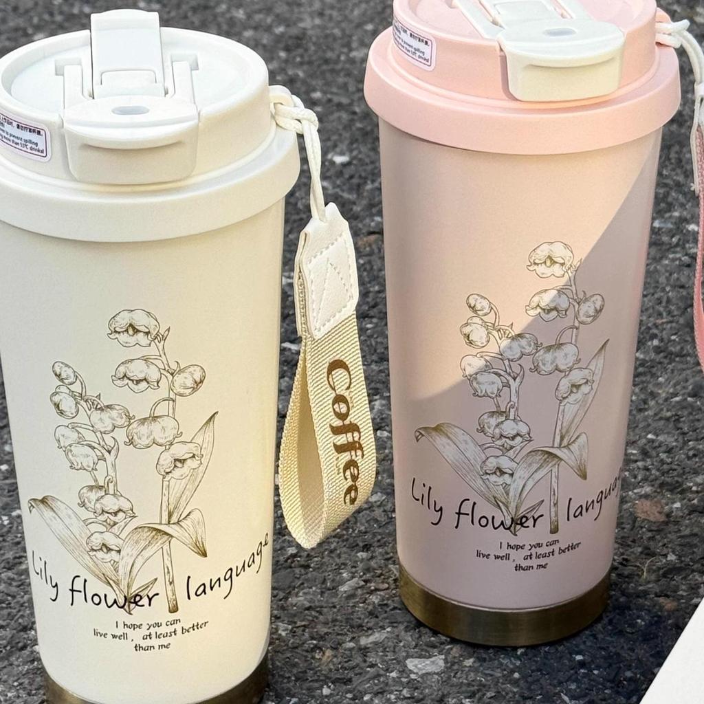 2025 Przenośny kubek termiczny ze stali nierdzewnej Konwalia ze słomką - Funkcja podwójnego picia, Wygodny dla kobiet