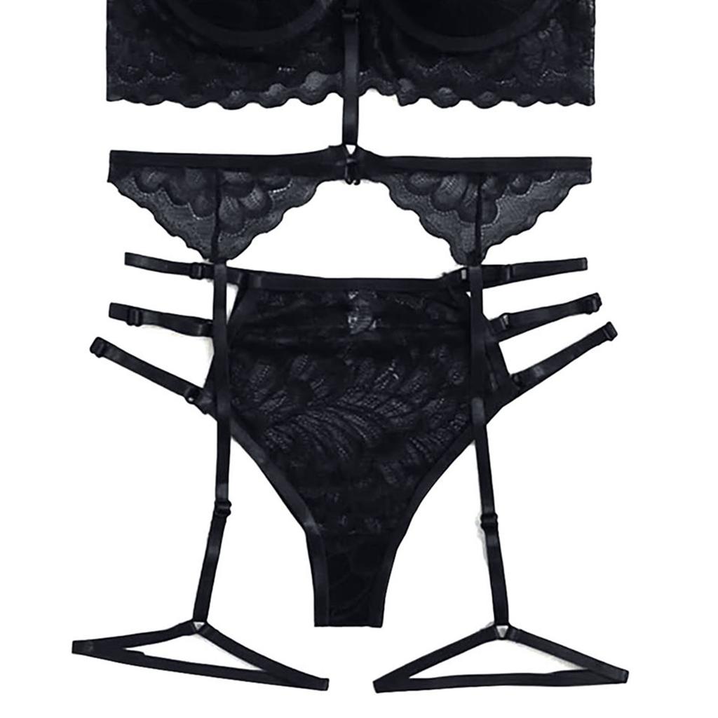 Women Lingerie Set Fashionable Elegant Lace Bra Panty Garter Belt Set Sleepwear for Wedding Night Black L