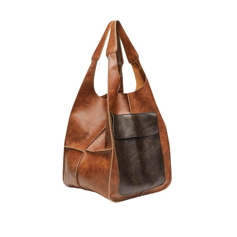 Retro Weiches Leder Tragetasche Lässig Patchwork Große Kapazität Handtaschen Vielseitig Farbblockierung Spleißung Damen Achseltasche