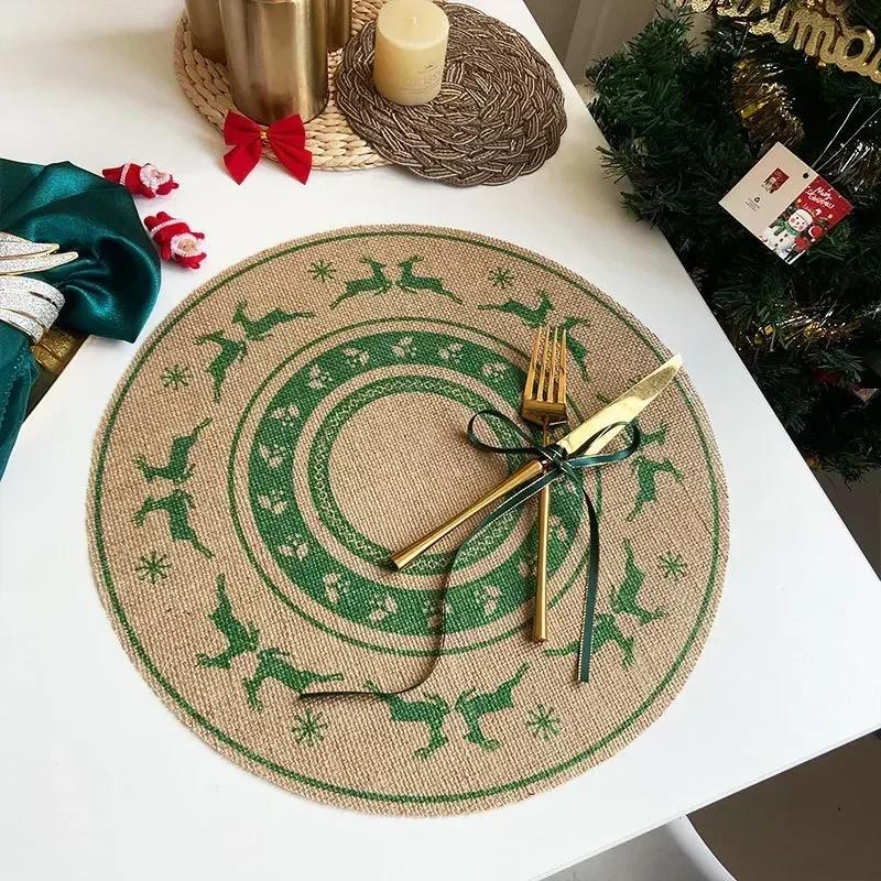 Jute Table Mats Christmas Woven Placemat Ins Printed Hairball Thermal Insulation Mat Retro Cotton and Linen Decorative Mat