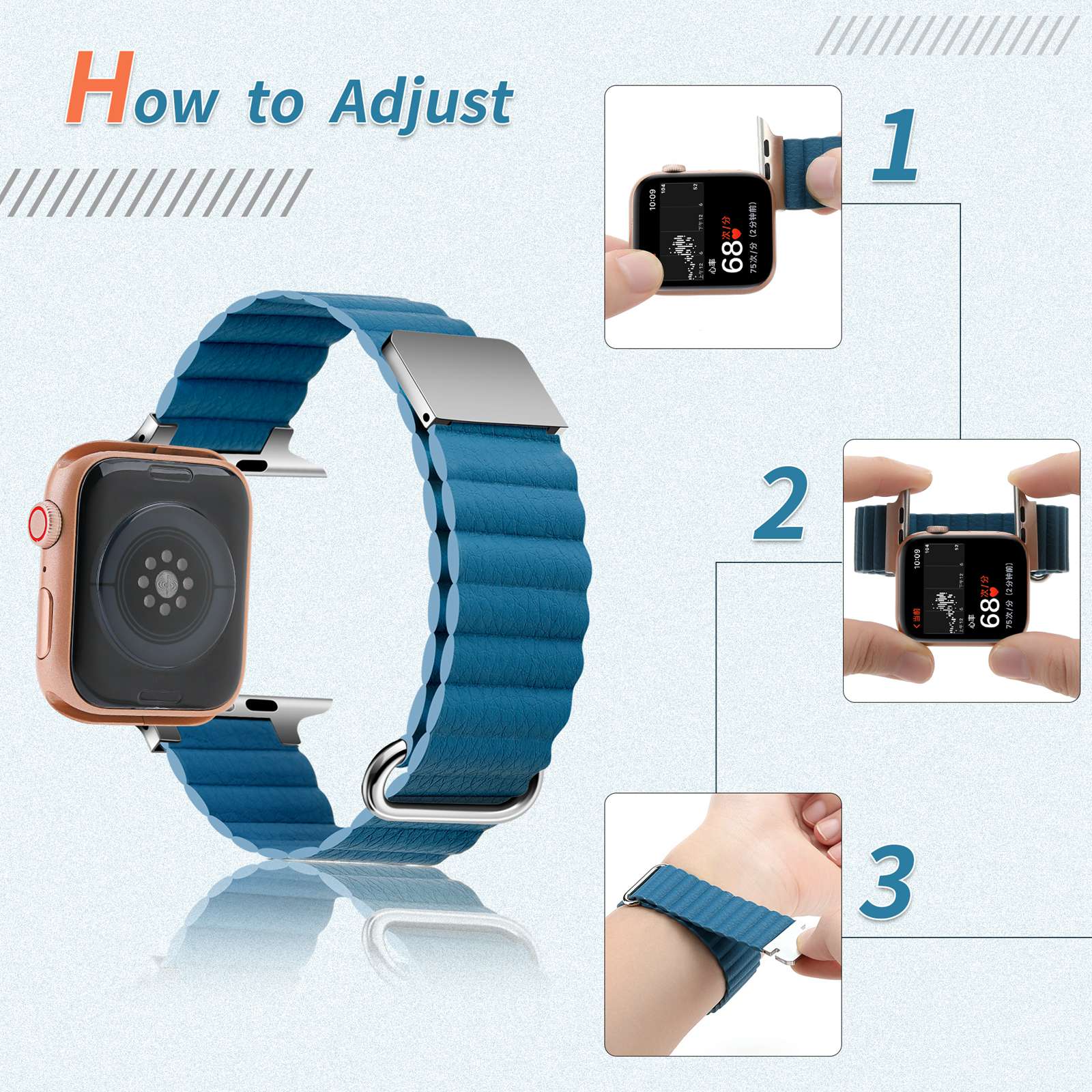

For Apple Watch Series 10 46mm/Ultra 2 Ultra 49mm/Series 9 8 7 45mm/6 5 4 SE (2023) SE (2022) SE 44mm/3 2 1 42mm Magnetic Watchband Watch Strap Black/Midnight Blue