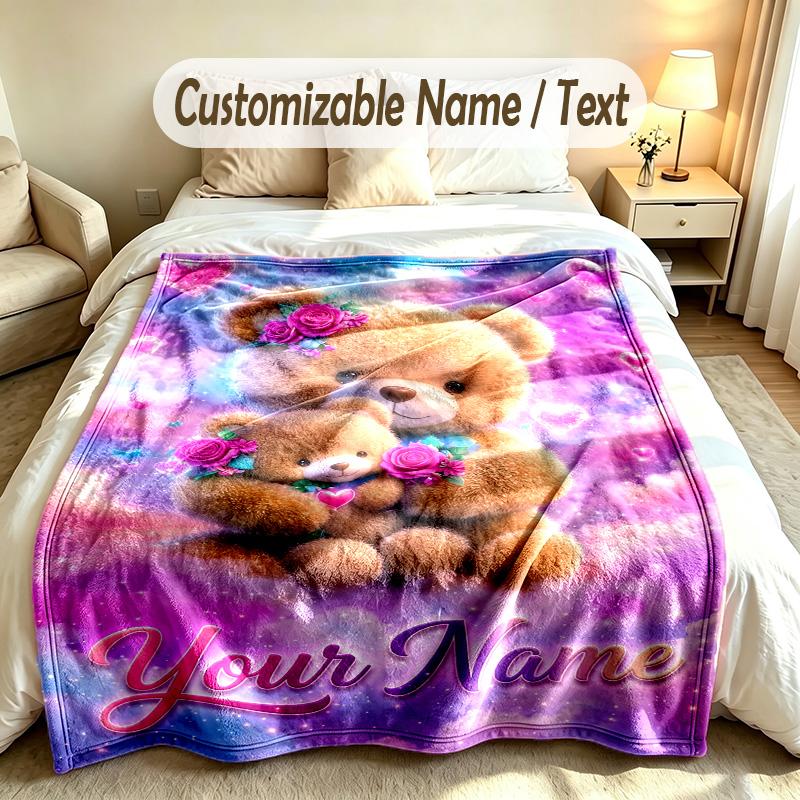 Teddy Bear Theme Custom Blanket Personalized Name & Text Customized Soft Warm Throw Blanket Home Decor