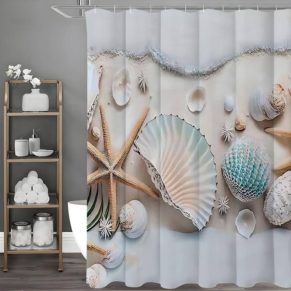 Ocean Shell Shower Curtain, Ocean Beach Shell Starfish Summer Bathroom Decorative Shower Curtain, Waterproof Shower Curtain with