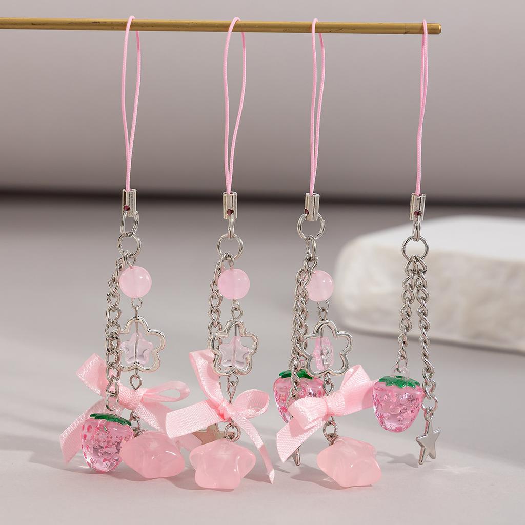 Sweet Bow Strawberry Pendant Keychain, Creative Lollipop Star Mobile Phone Chain Lanyard