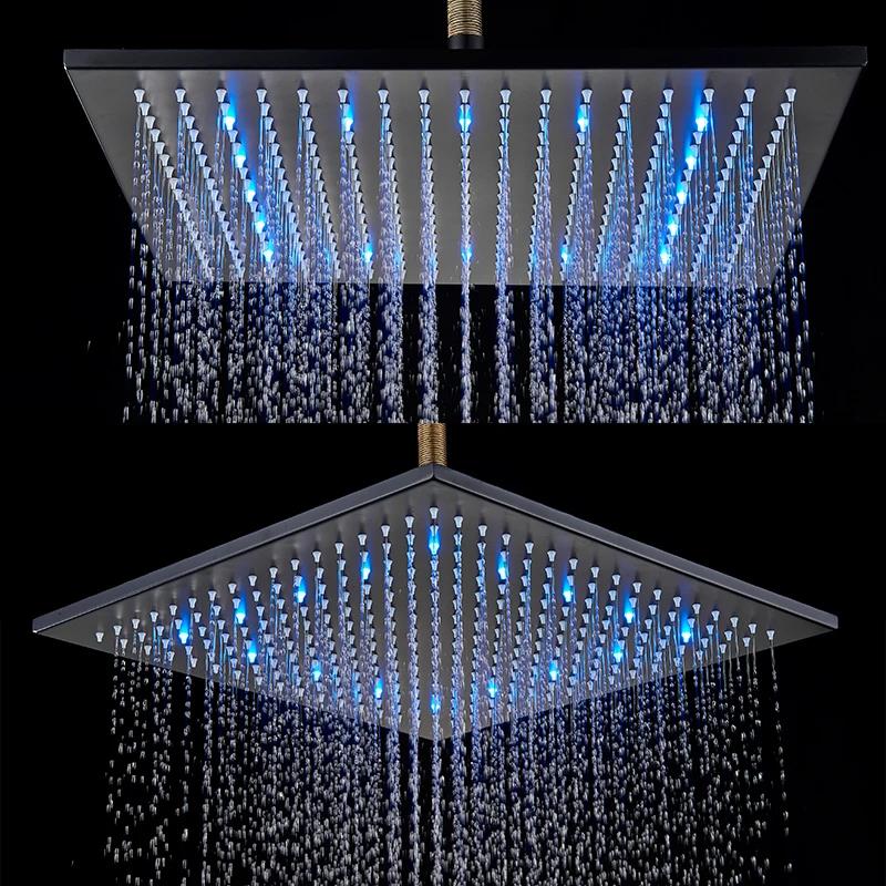 Rainfall Shower Head LED Light 12/16" Large Brass Rainfall Shower Faucet Head Square Shape/Color Changed