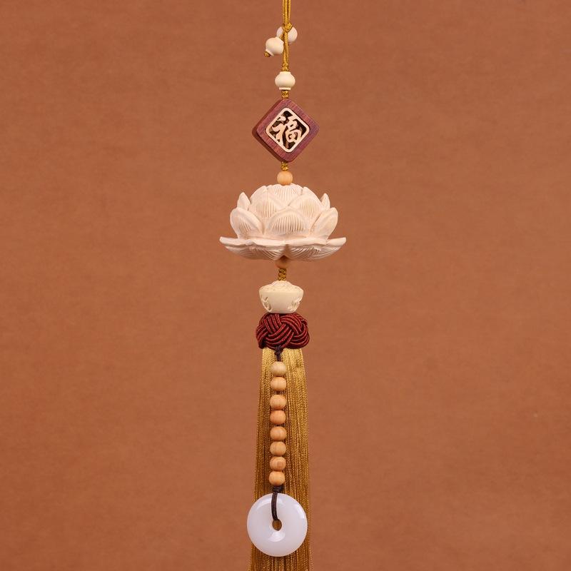 Handmade Boxwood Lotus Buddha Fu Figurines Pendants Car Ornaments Chinese Knot Style Window Decoration Home Decor Feng Shui Gift