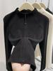 Women's Double Zipper Ribbed Plush Slim-Fit Half-High Collar Cardigan Hoodie for Autumn and Winter.