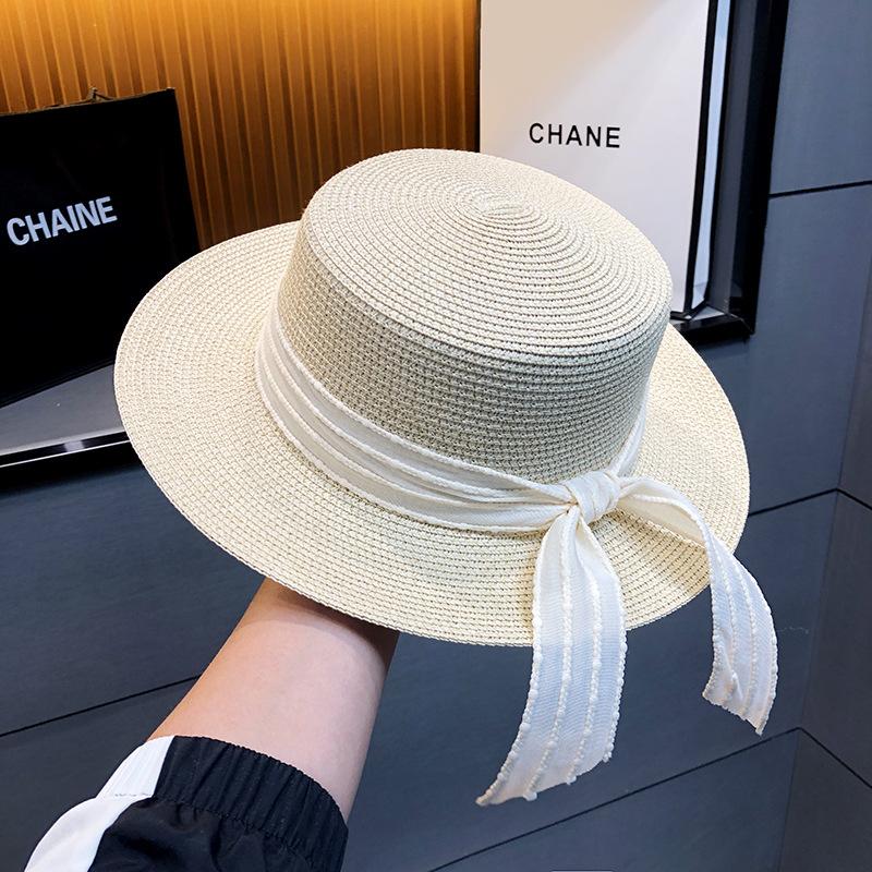 Women's Summer Straw Hat with Ribbon, Wide Brim Sun Protection Beach Cap, Elegant Flat Top Fisherman Hat for Outdoor Use