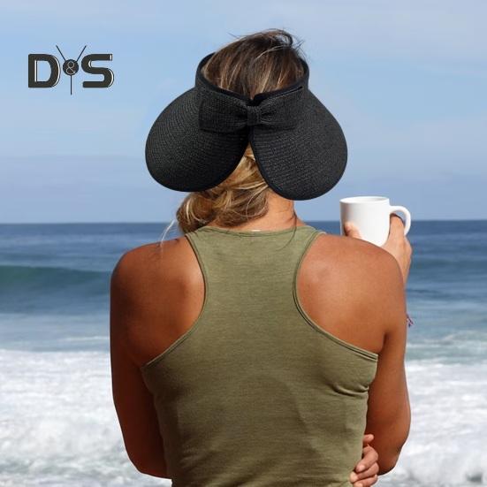 Outdoor Ladies Hat Empty Top Foldable Large Brim Bow Decor Sun Protection Anti-UV Beach Straw Cap Gardening Fishing Travel Hat