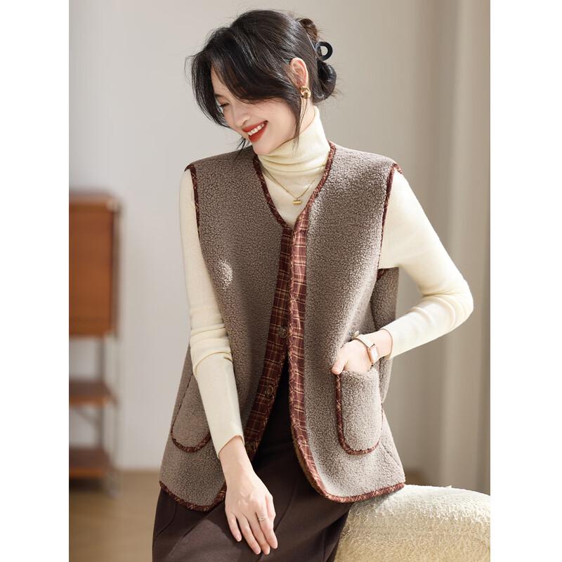 

OUTIFU Women s Fashion Plaid Fleece V-Neck Top L