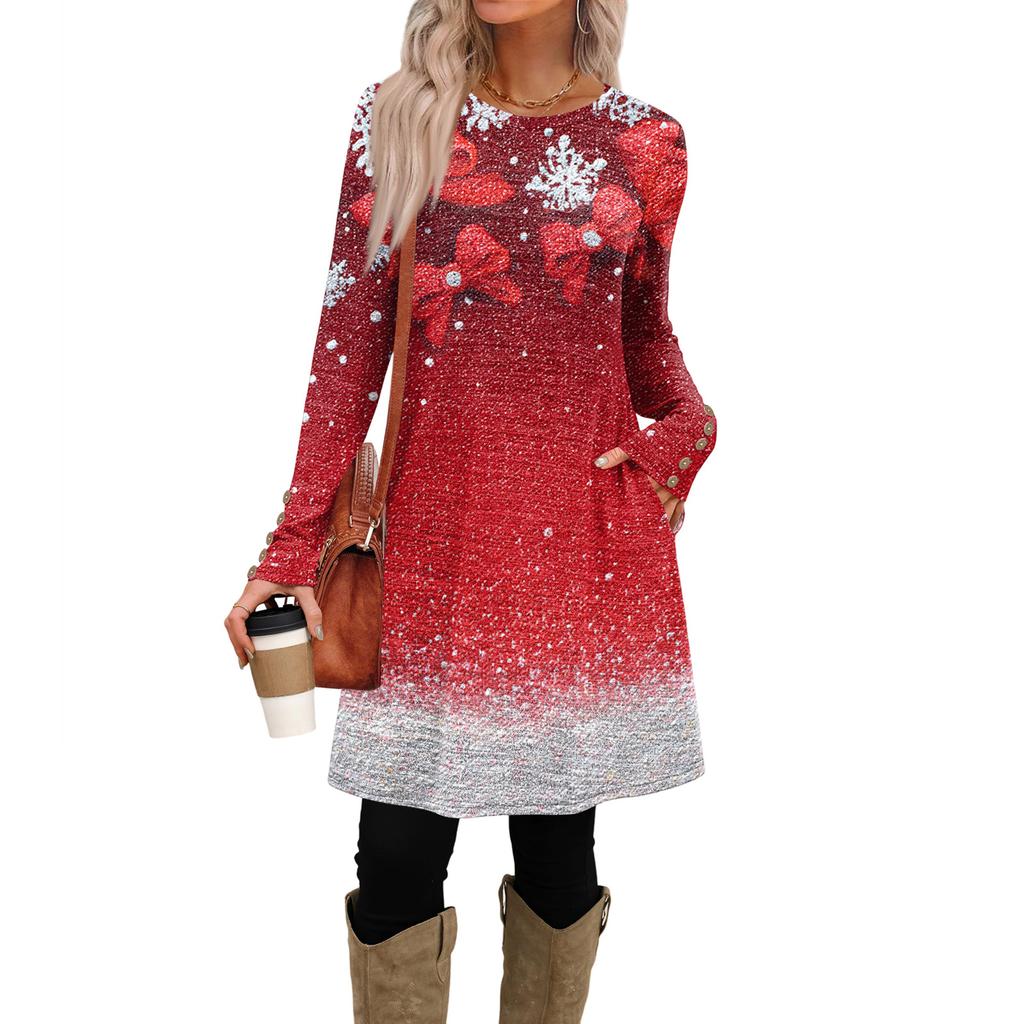 Rochie Casual de Damă la Modă cu Buzunare, Nasturi Decorativi, Imprimeuri de Crăciun, Gât Rotund și Mâneci Lungi