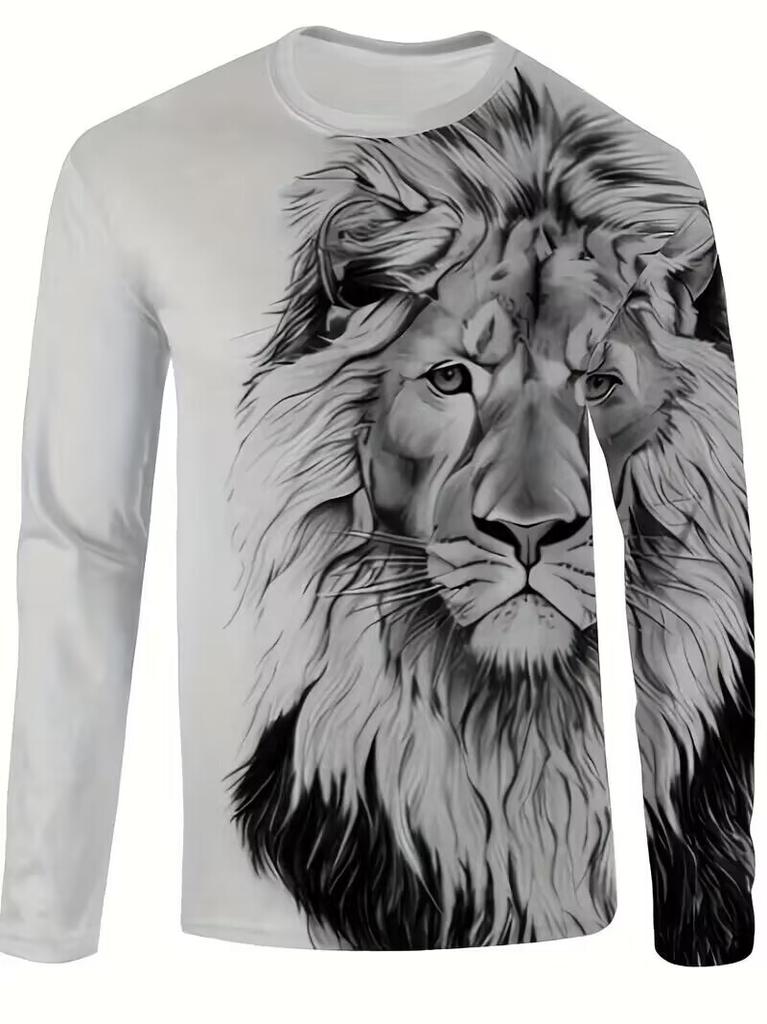 T-Shirt Men's Lion Head White Black Long Sleeve Graphic Fashion Quick Drying T-Shirt