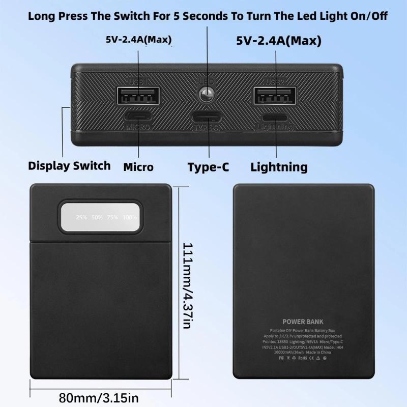 Chargers Pack Shell 18650 Battery Box Case with LED Light & Indicator for Cellphone Fast Charging Portable Battery Holder