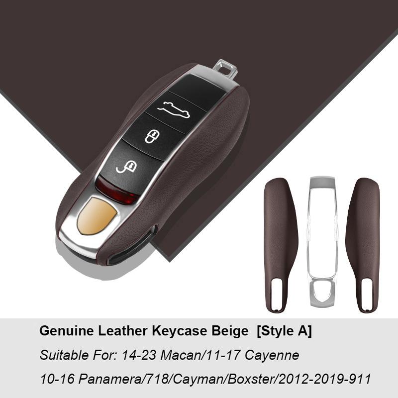 Luxury Genuine Leather For Porsche Boxster Cayman Panamera Cayenne Macan 718/911 Taycan Car Key Case Cover Protective Keychain