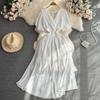 Retro V-neck Open Back A- line Large Hem Short Sleeve Dress