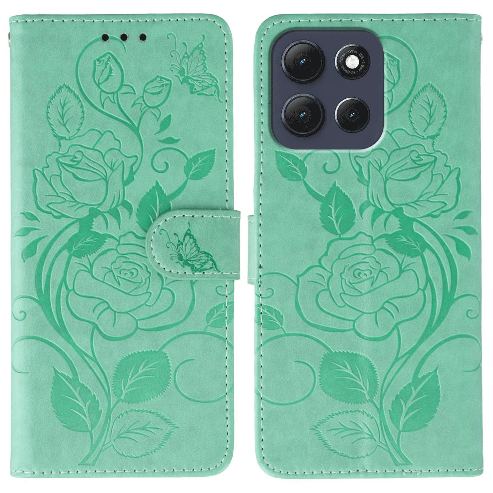 

For Motorola Moto G86 5G Case Wallet Stand Imprinted Rose Butterfly PU Leather Phone Cover Green