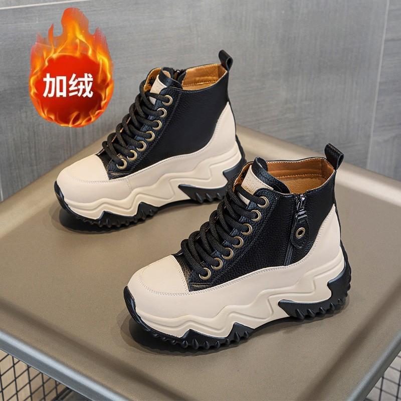 Autumn and winter new thick-soled cm height-increasing casual women's cotton shoes trendy short boots lace-up zipper high-top women's shoes