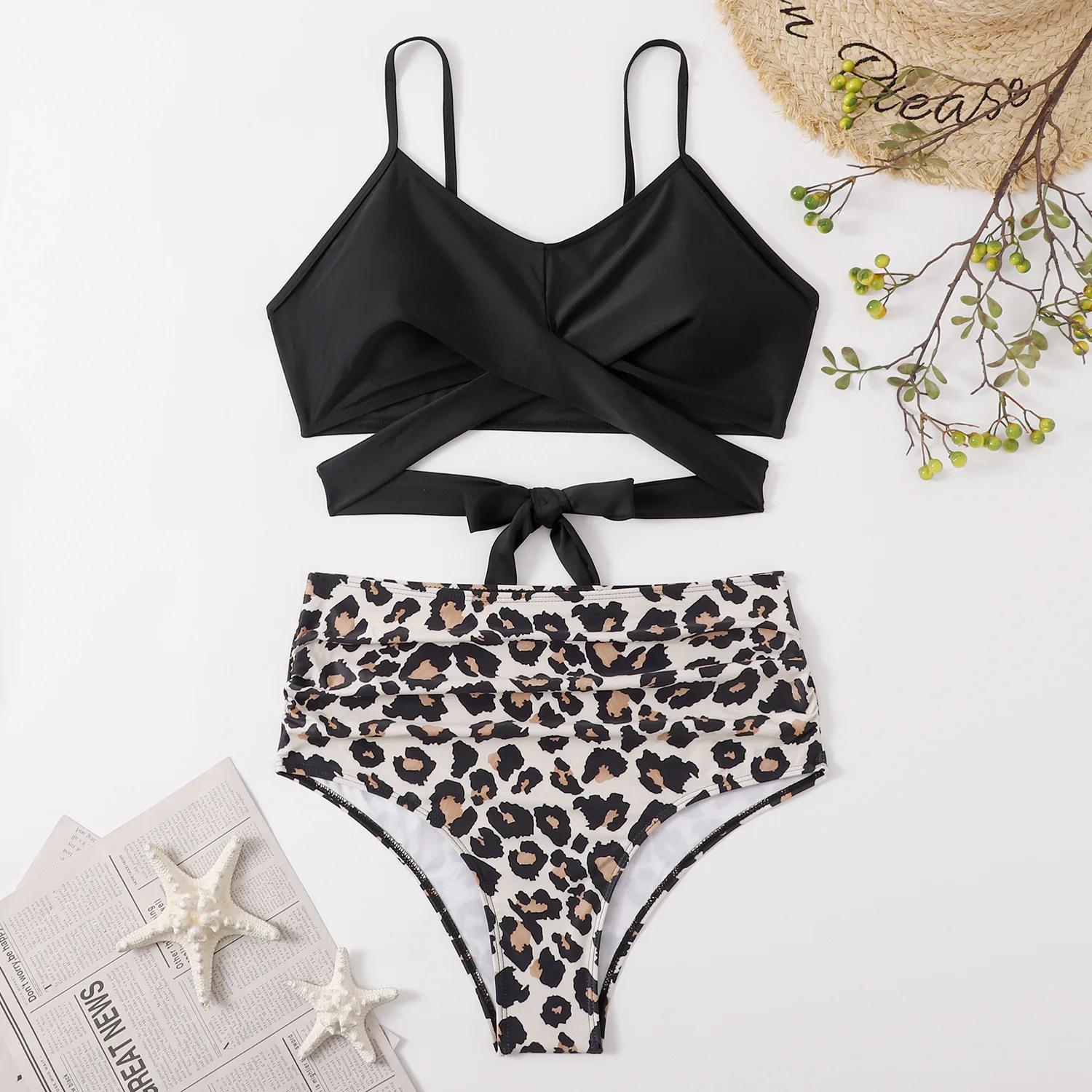 

Сексуальный леопардовый принт из двух частей бикини с высокой талией и открытой спиной без рукавов для женщин XXL
