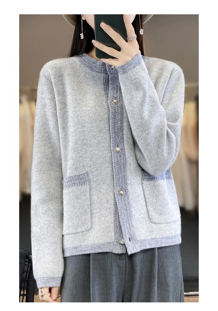 Women's Pure Wool Color Block Cardigan - Round Neck Knit Sweater for Autumn/Winter
