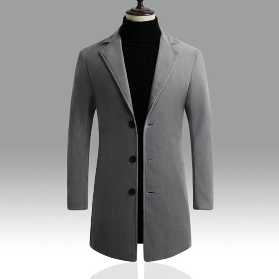 Męski trencz jesienno-zimowy Gruby, długi rękaw, kołnierzyk Slim Fit, wiatroszczelny, jednokolorowy, jednorzędowy, guziki średniej długości, męska marynarka formalna